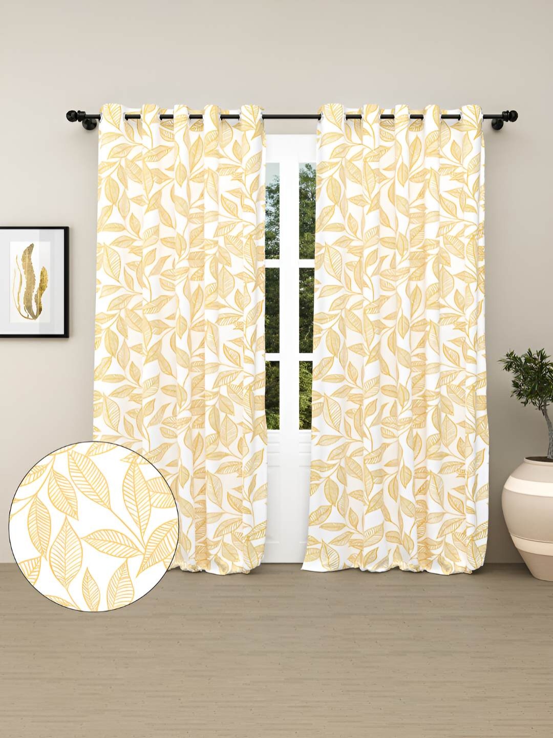 

haus & kinder Yellow & White 2 Pieces Floral Pure Cotton Room Darkening Door Curtain