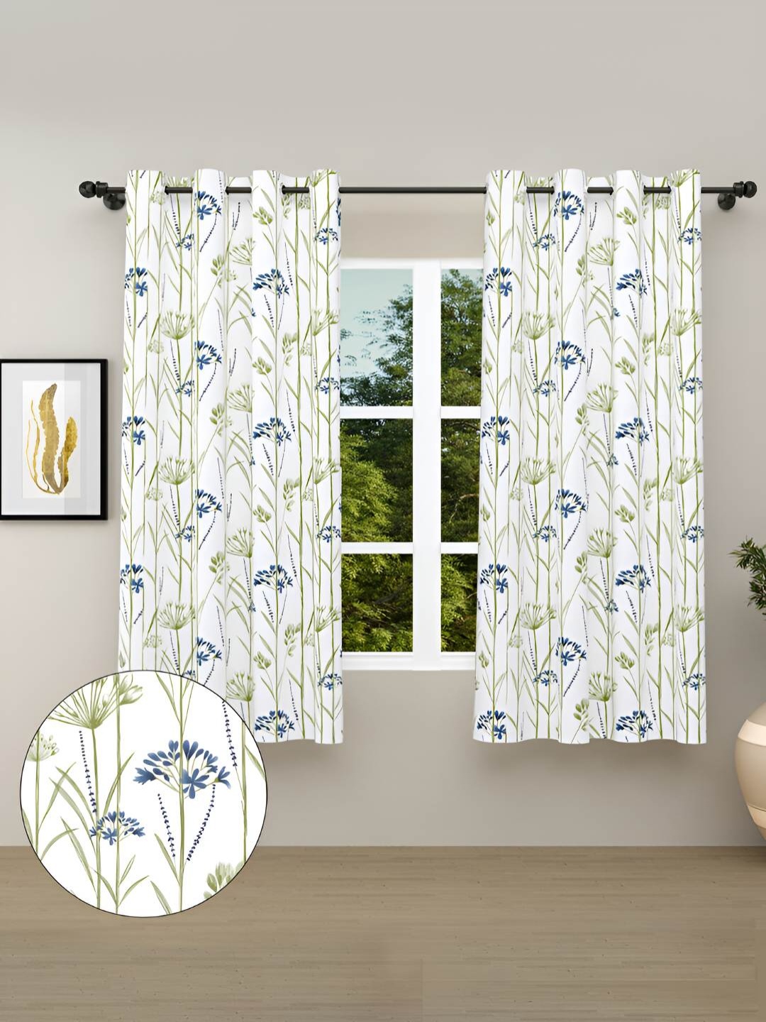 

haus & kinder Blue & White 2 Pieces Floral Pure Cotton Room Darkening Window Curtains