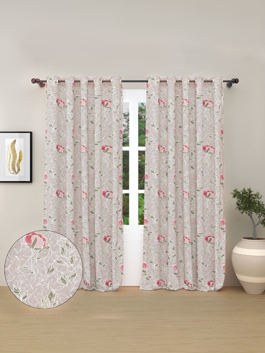 

haus & kinder Pink & Green 2 Pieces Floral Pure Cotton Room Darkening Door Curtains