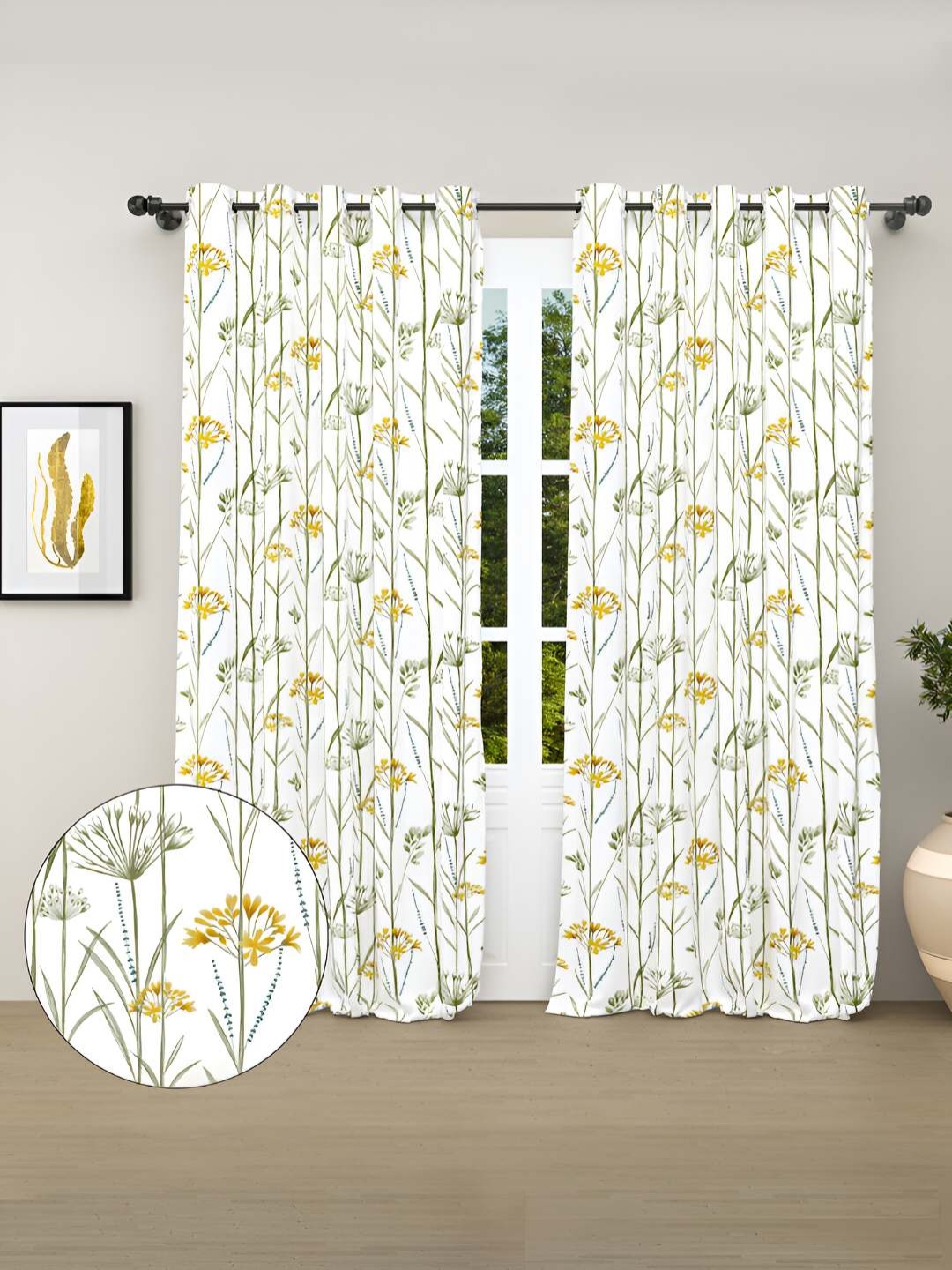 

haus & kinder Yellow & White 2 Pieces Floral Pure Cotton Room Darkening Door Curtains