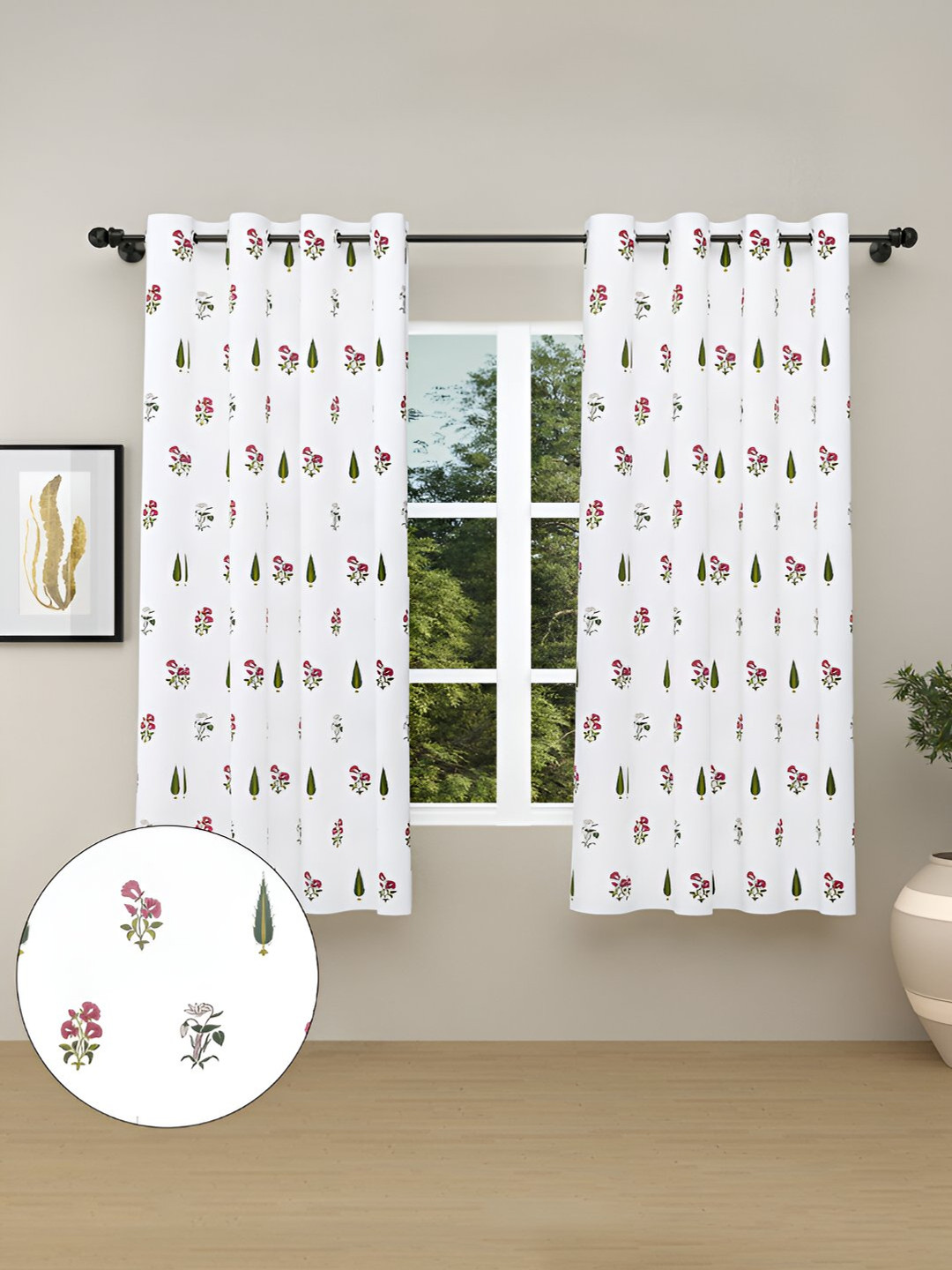

haus & kinder Pink & White 2 Pieces Floral Printed Cotton Room Darkening Window Curtains