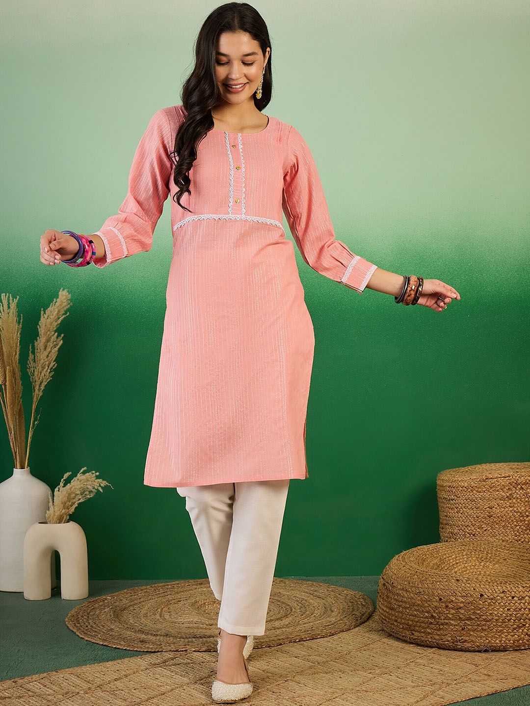 

Sangria Peach Woven Design Gotta Patti Straight Kurta