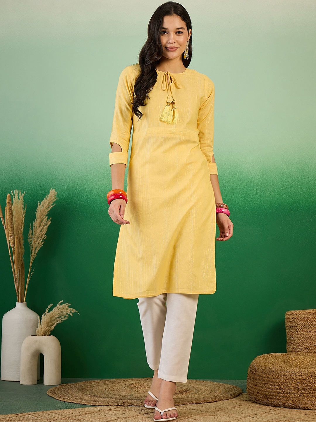 

Sangria Mustard Yellow Woven Design Tie-Up Neck Zari Straight Kurta