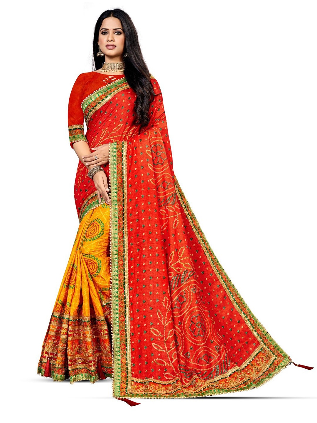

TINA FASHION Bandhani Embroidered Half and Half Bandhani Saree, Red