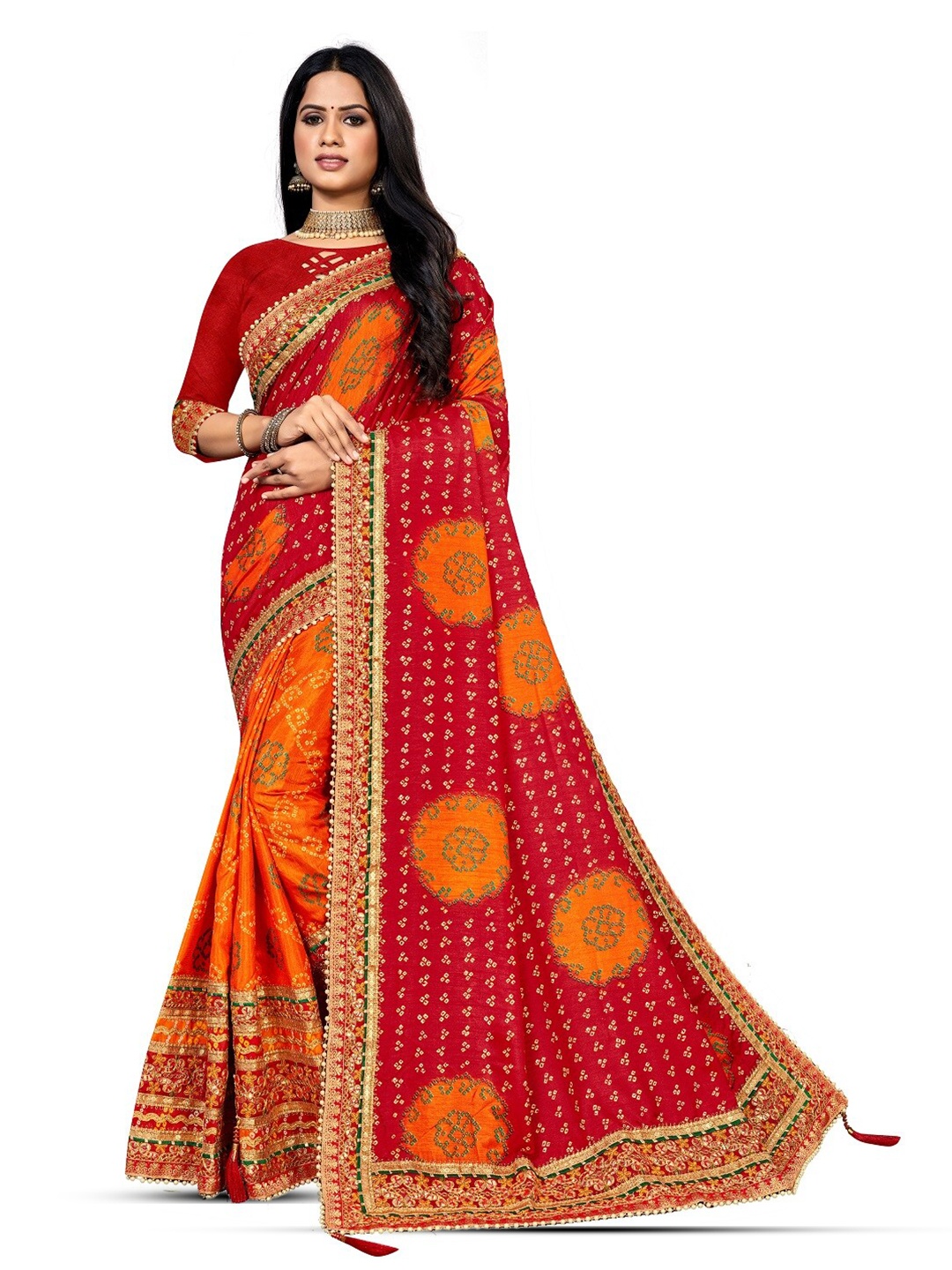 

TINA FASHION Bandhani Embroidered Bandhani Saree, Red