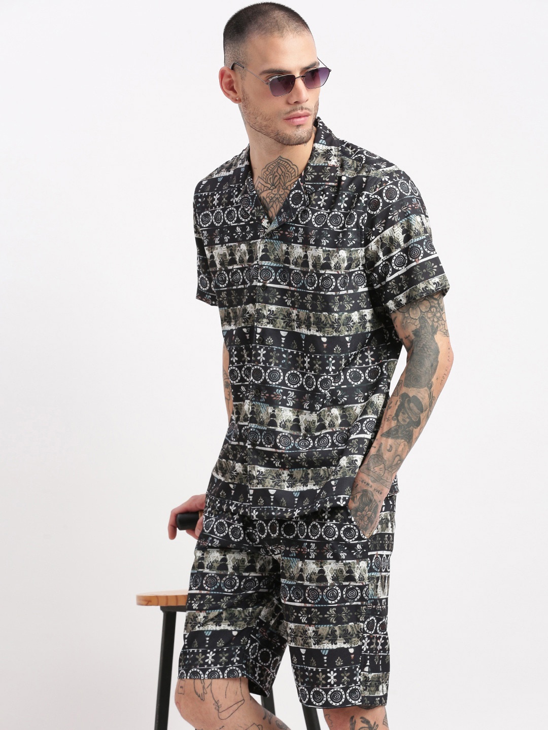 

SHOWOFF Abstract Printed Shirt & Shorts Co-Ords Set, Black