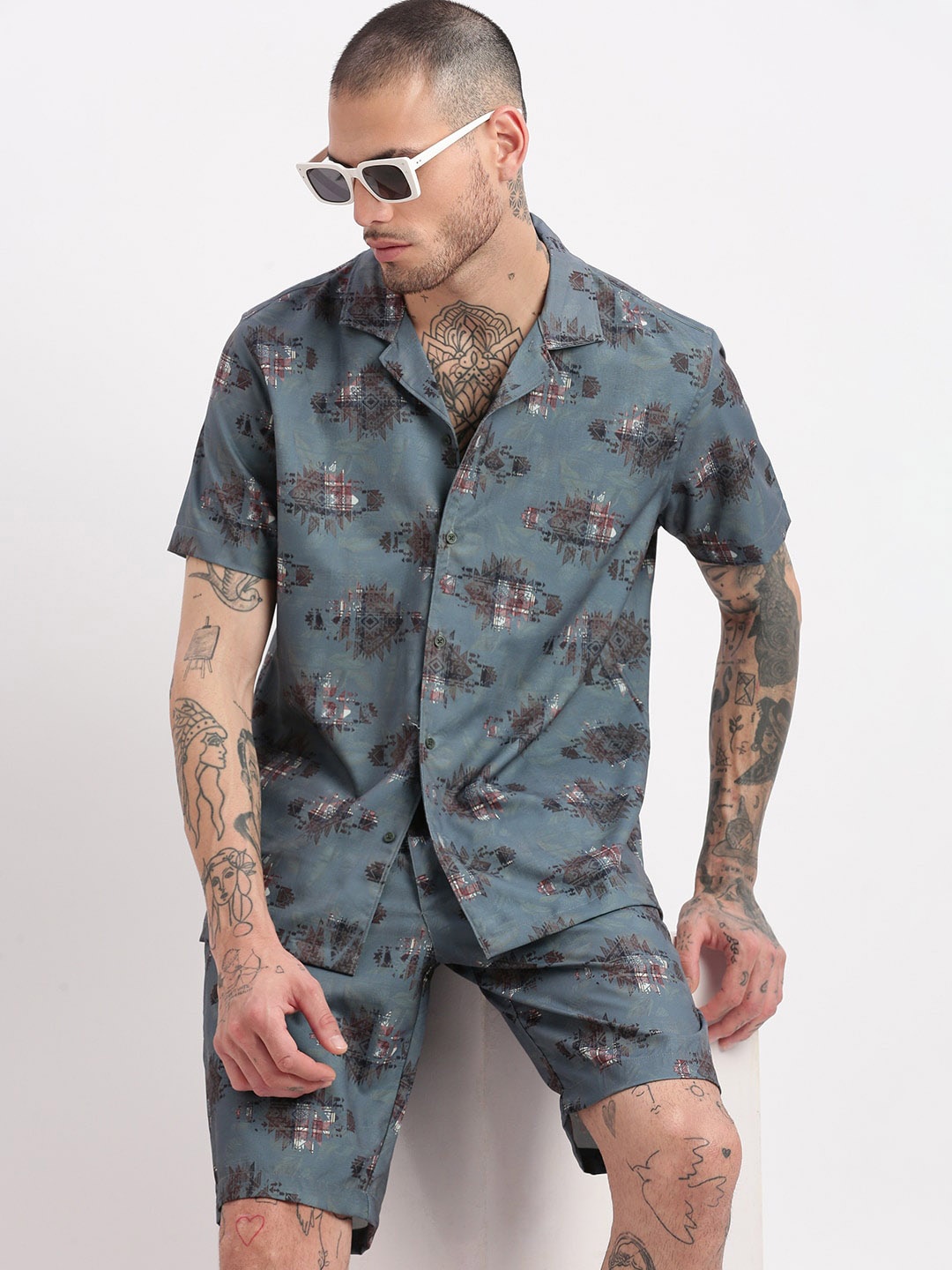 

SHOWOFF Printed Shirt & Shorts Co-Ords Set, Teal
