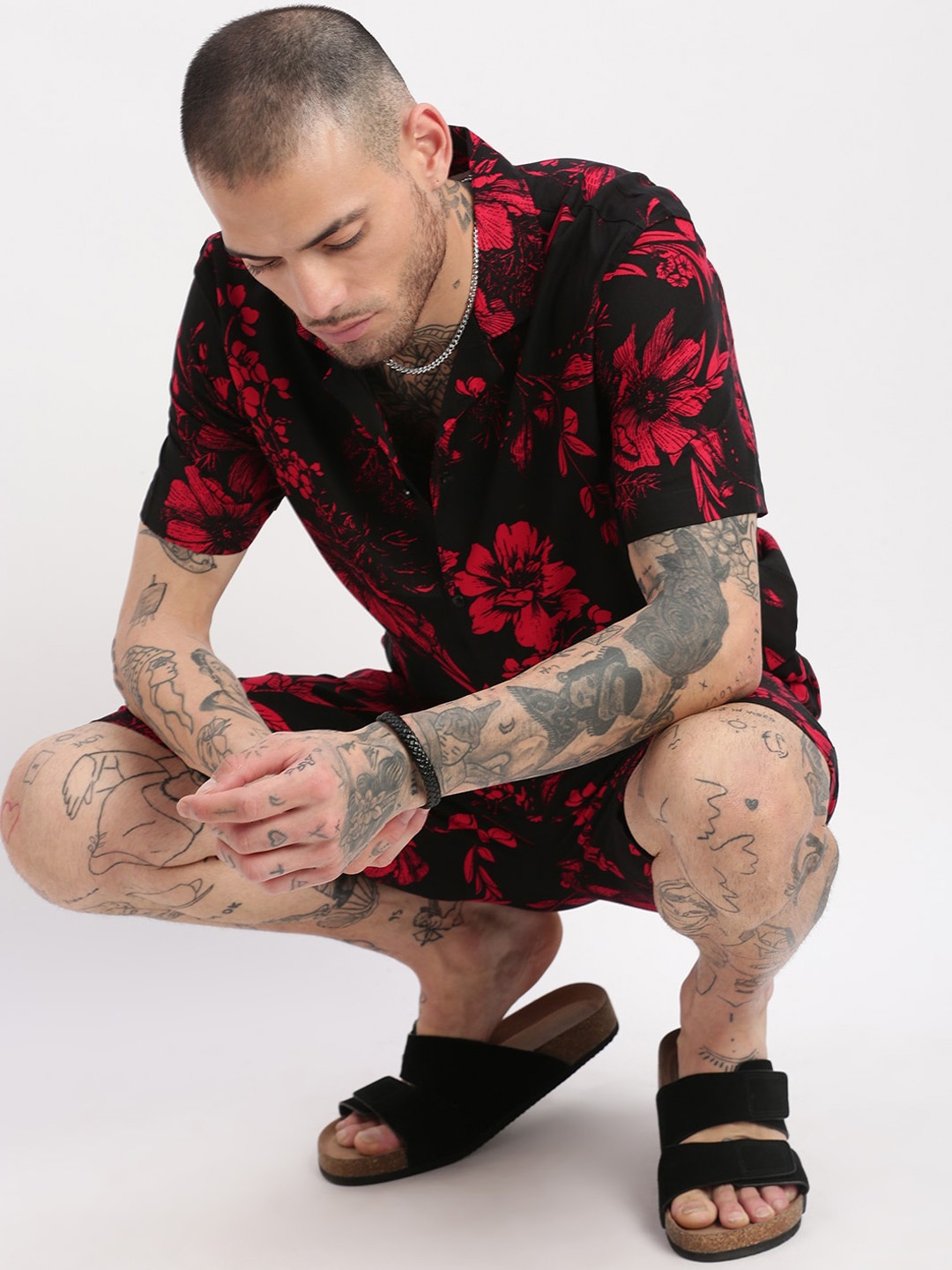 

SHOWOFF Floral Printed Cuban Collar Shirt & Shorts, Black