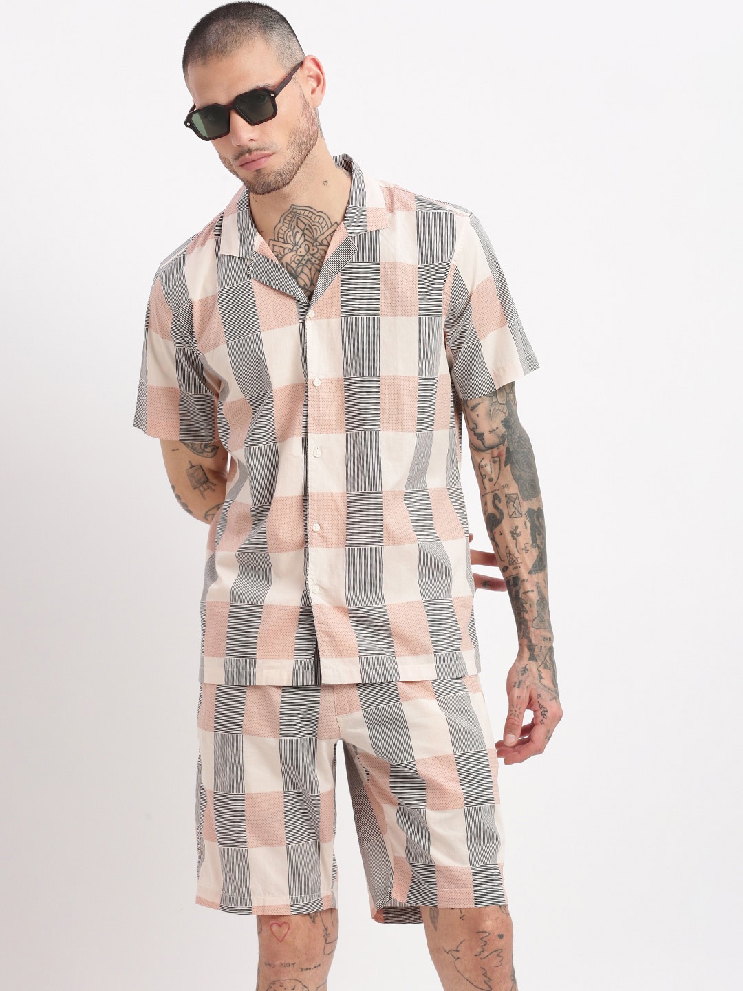 

SHOWOFF Checked Shirt & Shorts Co-Ords Set, Peach