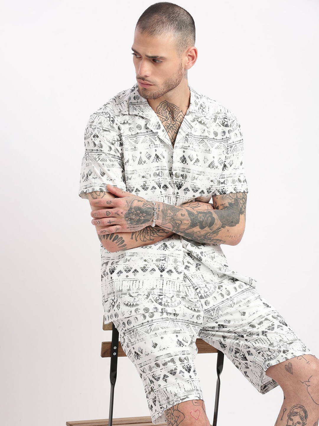 

SHOWOFF Printed Shirt & Shorts Co-Ords Set, White