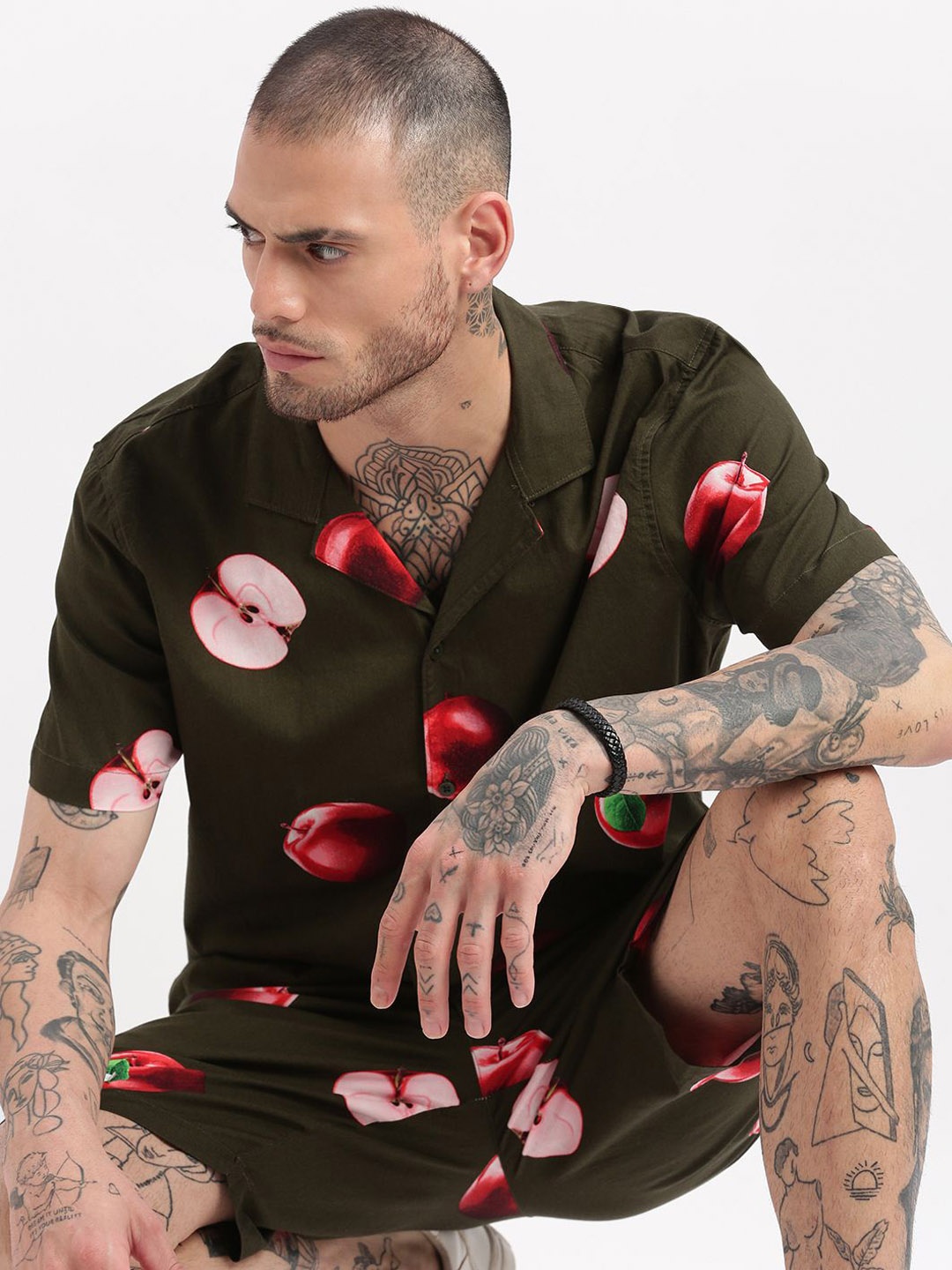 

SHOWOFF Graphic Printed Cuban Collar Casual Shirt With Shorts, Olive