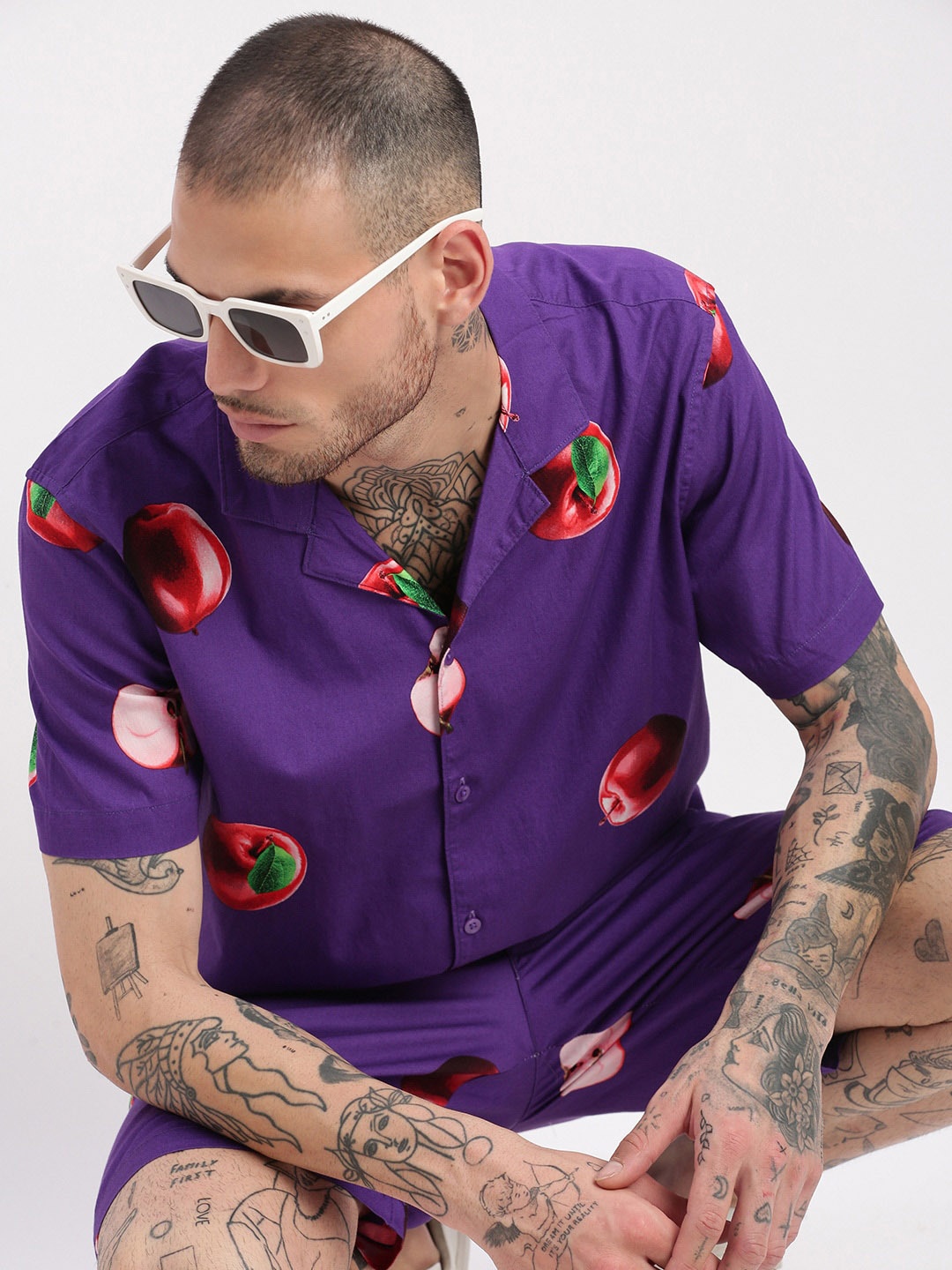 

SHOWOFF Conversational Printed Cuban Collar Shirt & Shorts, Purple