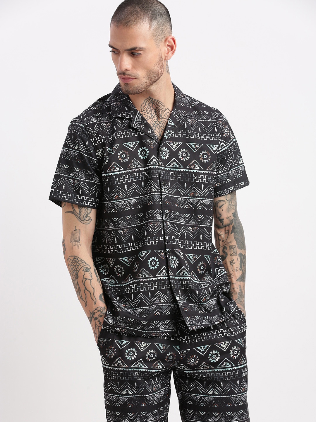 

SHOWOFF Printed Shirt & Shorts Co-Ords Set, Black