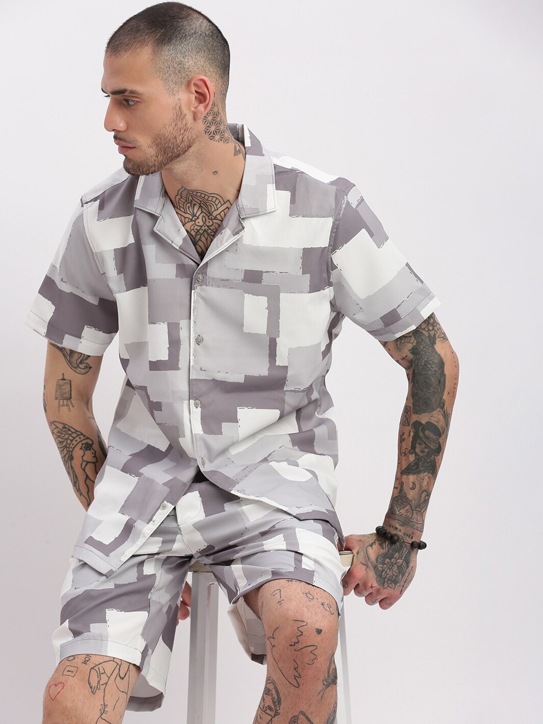 

SHOWOFF Printed Shirt & Shorts Co-Ords Set, Grey