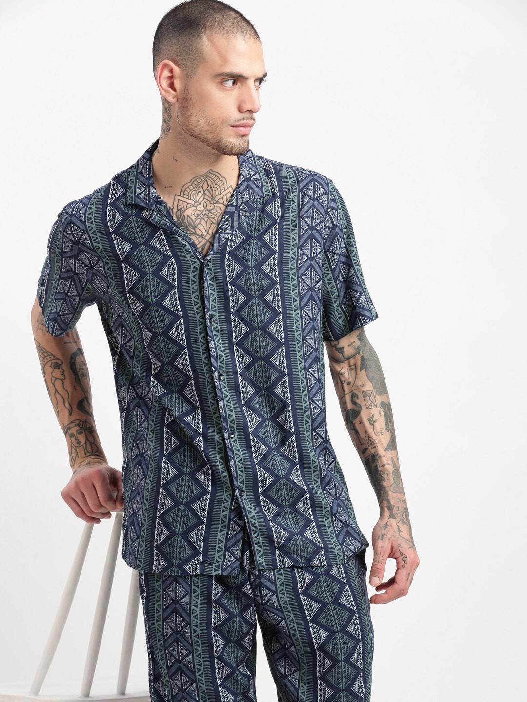 

SHOWOFF Printed Shirt & Shorts Co-Ords Set, Navy blue