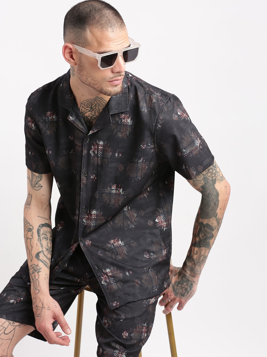 

SHOWOFF Printed Shirt & Shorts Co-Ords Set, Black