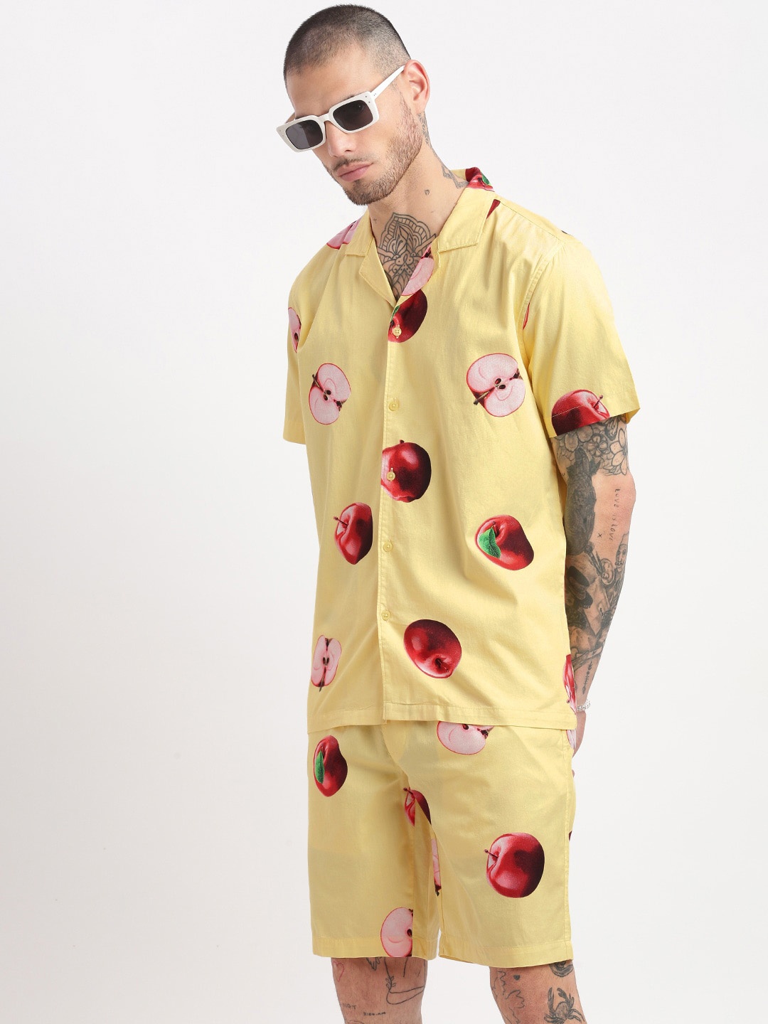

SHOWOFF Conversational Printed Cuban Collar Shirt & Shorts, Yellow