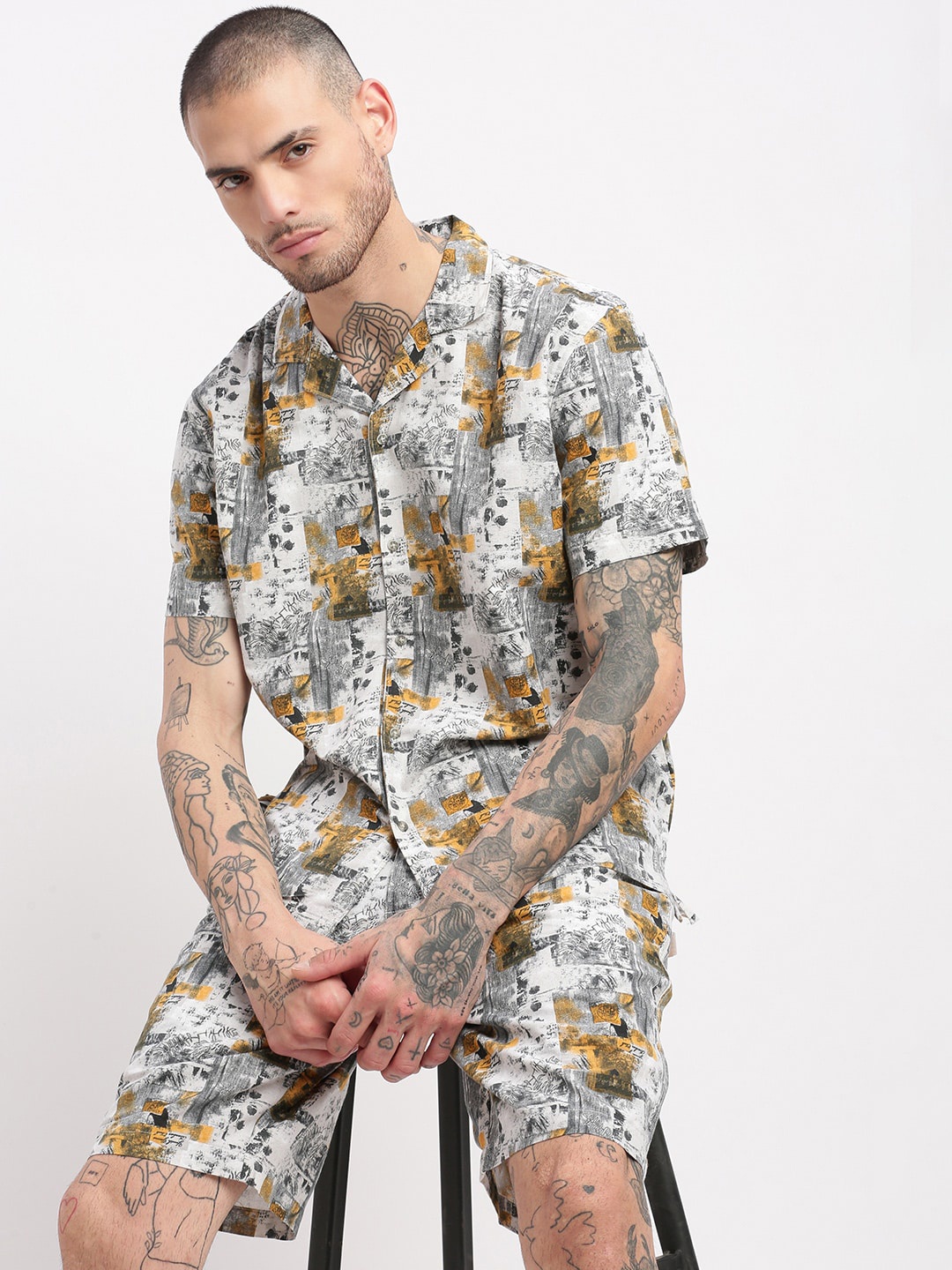 

SHOWOFF Printed Shirt & Shorts Co-Ords Set, Grey