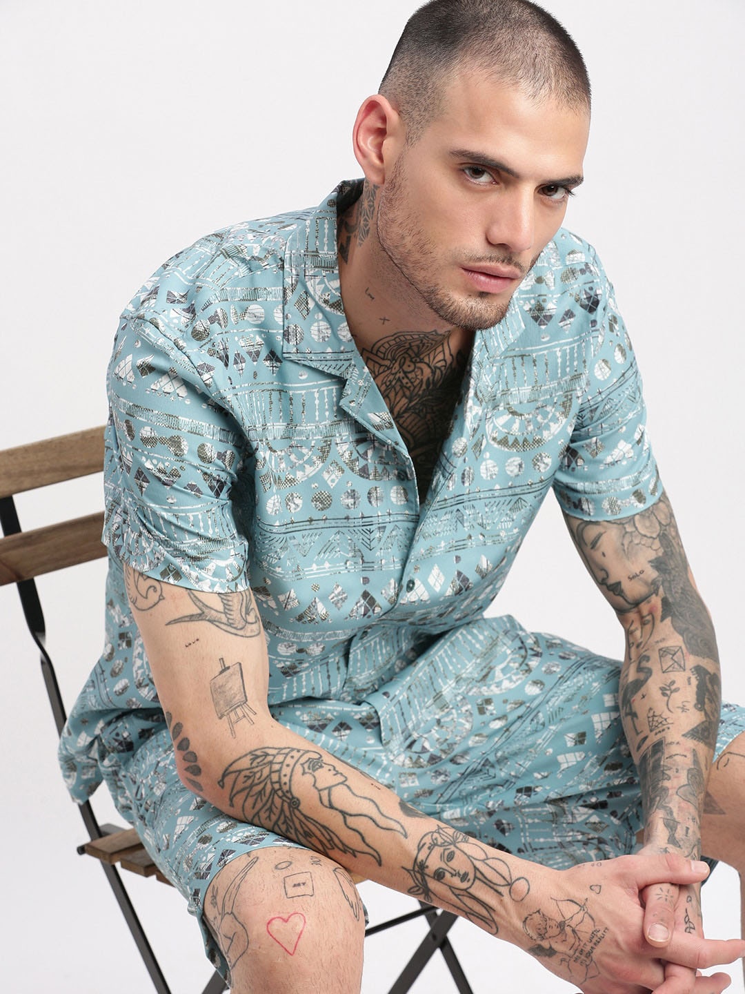 

SHOWOFF Geometric Printed Cuban Collar Shirt & Shorts, Blue
