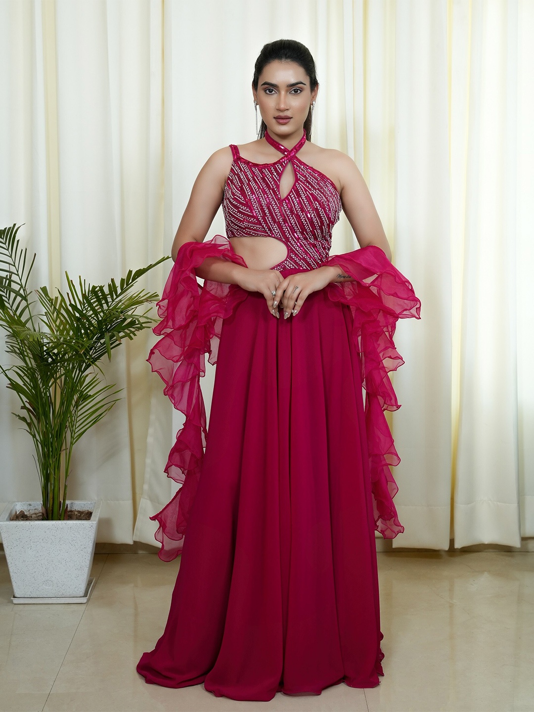

ALIYANA Halter Neck Silk Culotte Jumpsuit & Dupatta, Magenta