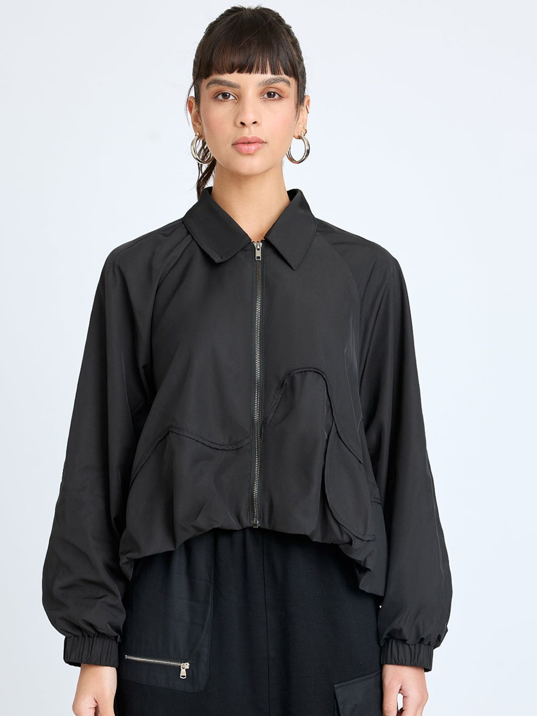 

FREAKINS Black Spread Collar Sporty Jacket