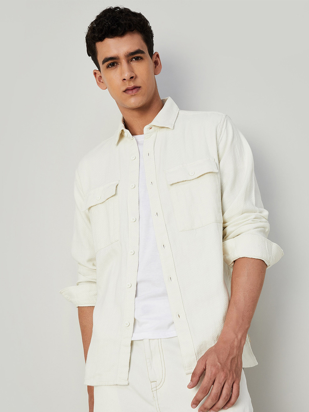 

Forca by Lifestyle Spread Collar Cotton Casual Shacket, Off white