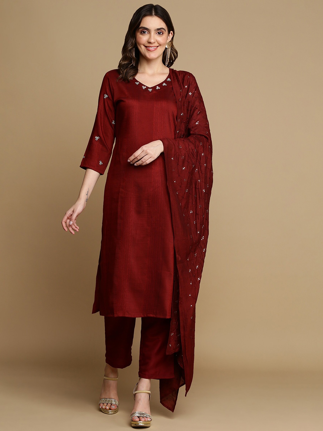 

Shiv ali apparels Floral Regular Mirror Work Kurta with Trousers & With Dupatta, Maroon
