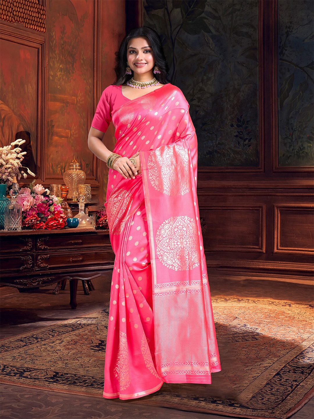 

Mitera Woven Design Zari Art Silk Banarasi Saree, Pink