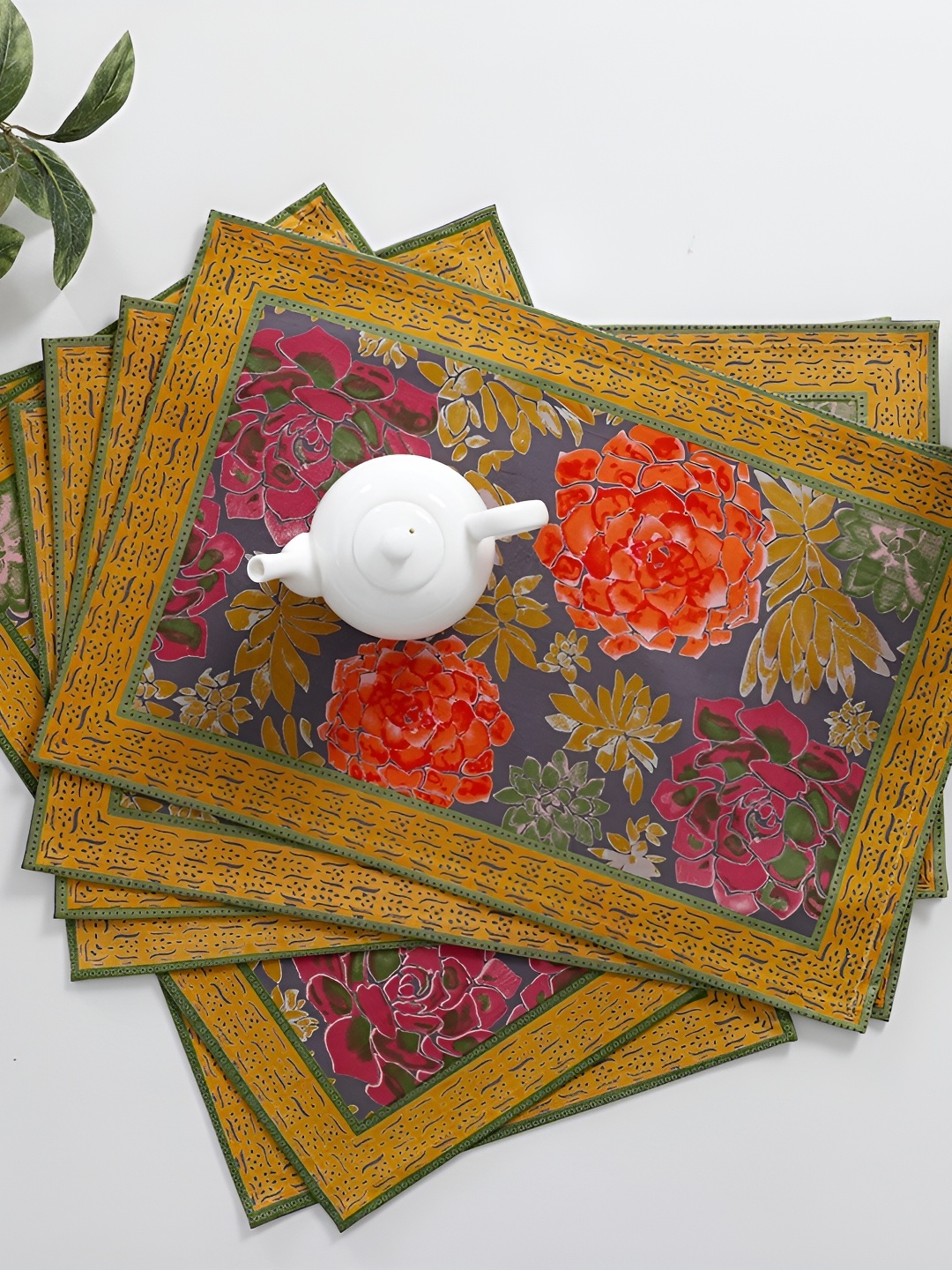 

TARAN LIVING Yellow & Pink 6 Pieces Floral Printed Rectangle Cotton Table Placemats