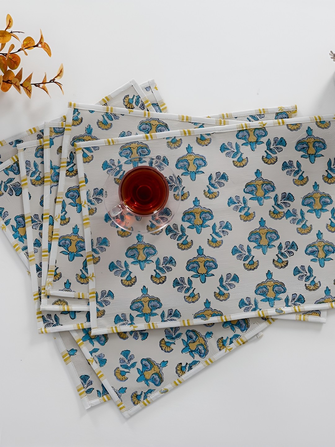 

TARAN LIVING Beige & Blue 6 Pieces Ethnic Motifs Printed Rectangle Cotton Table Placemats