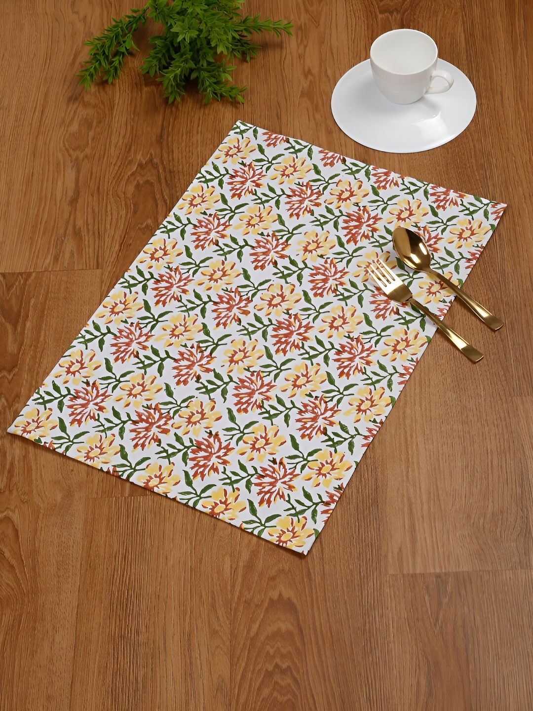 

Ratan Cart Yellow & Red 4 Pieces Floral Printed Rectangle Cotton Table Placemats