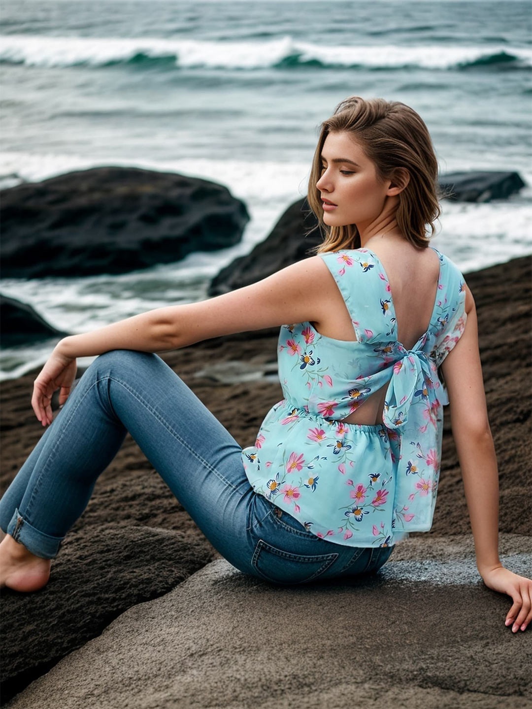 

RARE Sea Green Floral Printed Styled Back Top