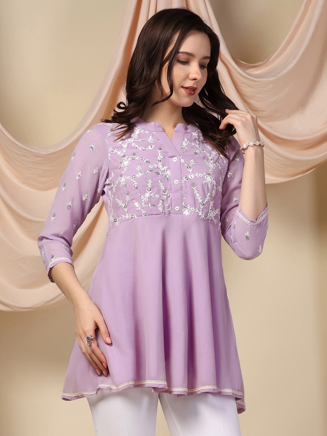 

FASHION DREAM Floral Embroidered Mandarin Collar Georgette Top, Lavender