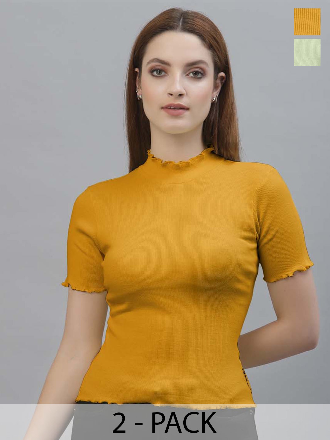

Friskers Pack Of 2 High Neck Fitted Top, Mustard