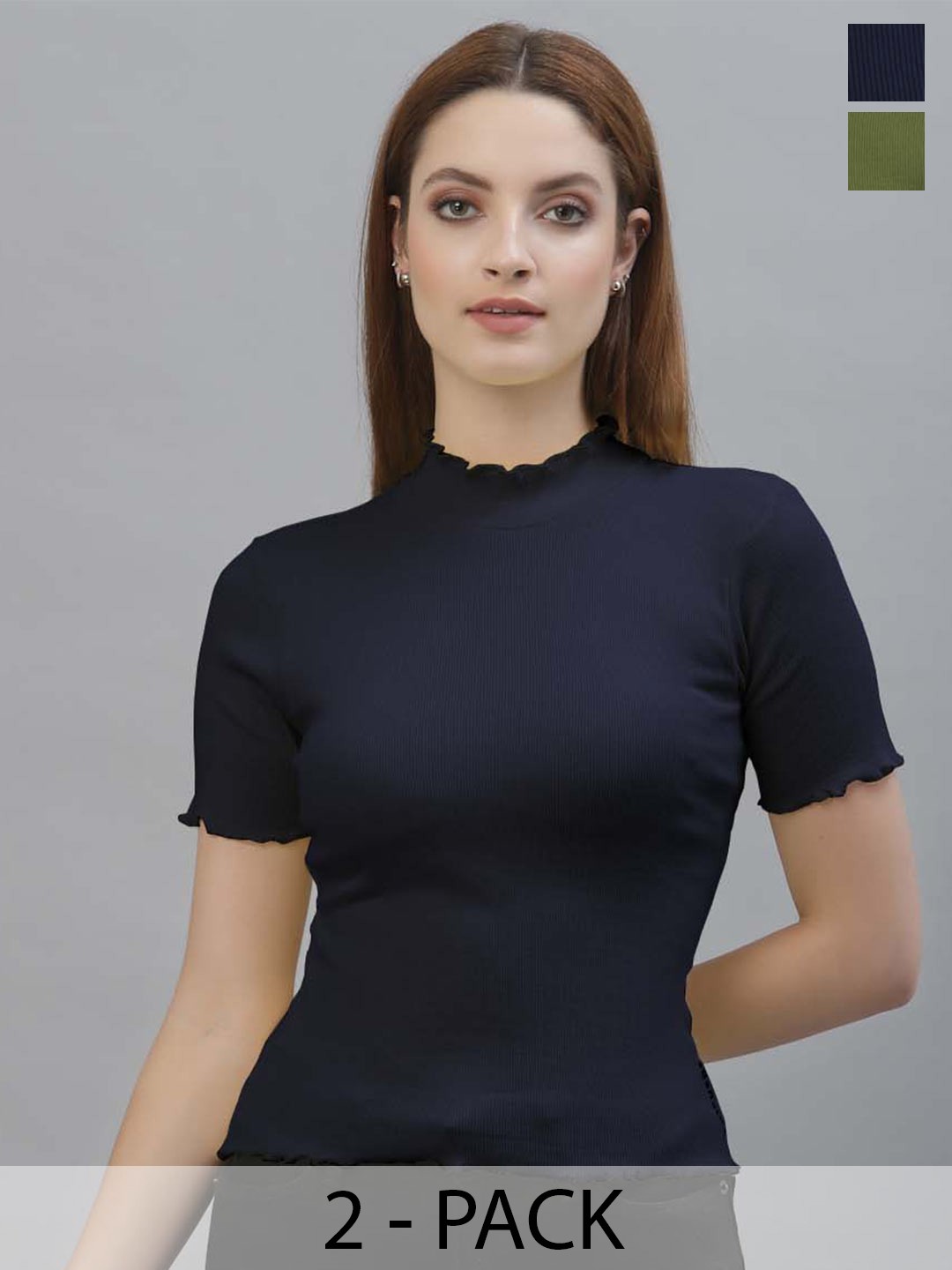 

Friskers Pack Of 2 High Neck Fitted Top, Navy blue