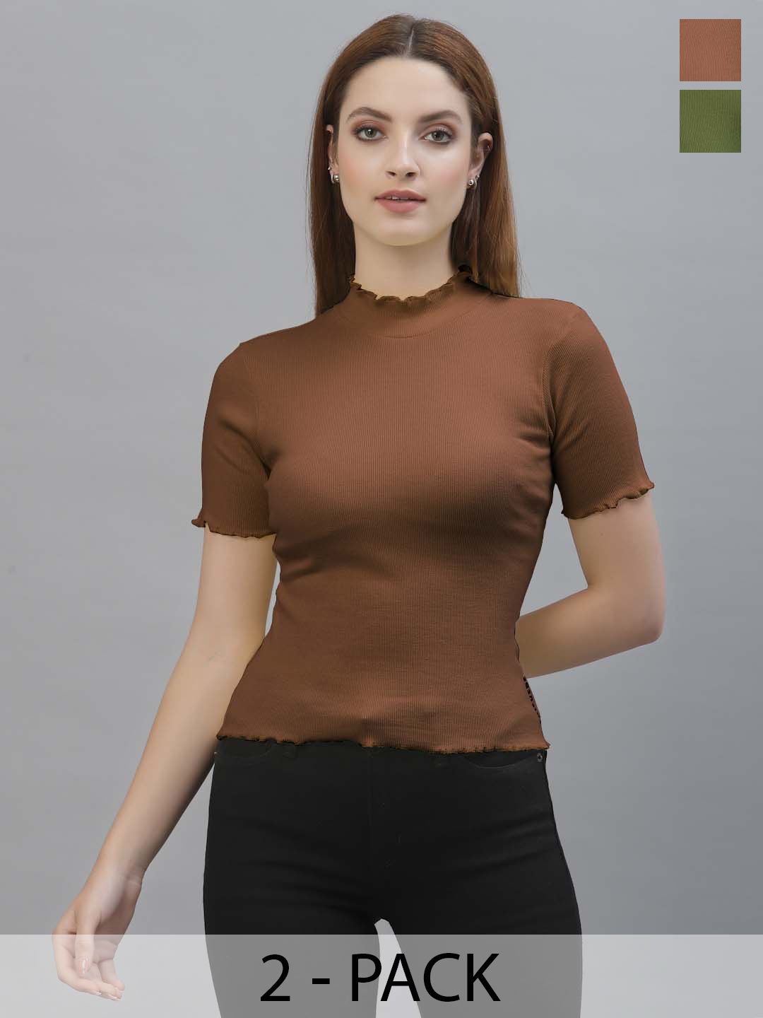 

Friskers Pack Of 2 High Neck Fitted Top, Brown