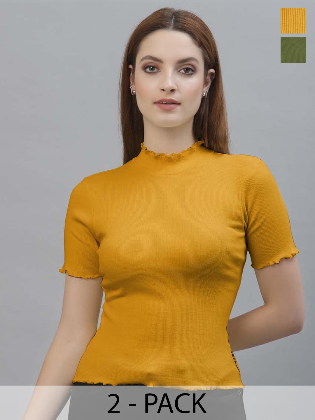 

Friskers Pack Of 2 High Neck Cotton Top, Mustard