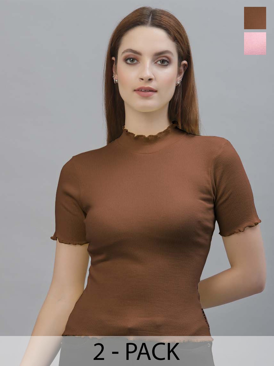 

Friskers Pack Of 2 High Neck Fitted Top, Brown