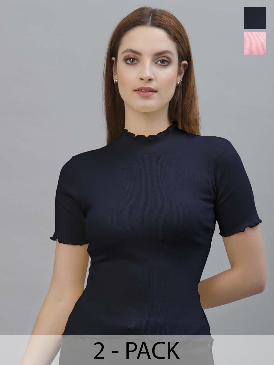 

Friskers Pack Of 2 High Neck Fitted Top, Navy blue