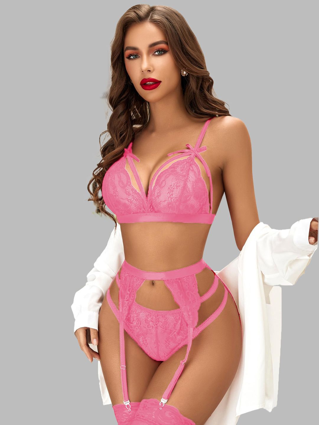 

KRENOZ Self Design Shoulder Straps Net Baby Doll, Pink