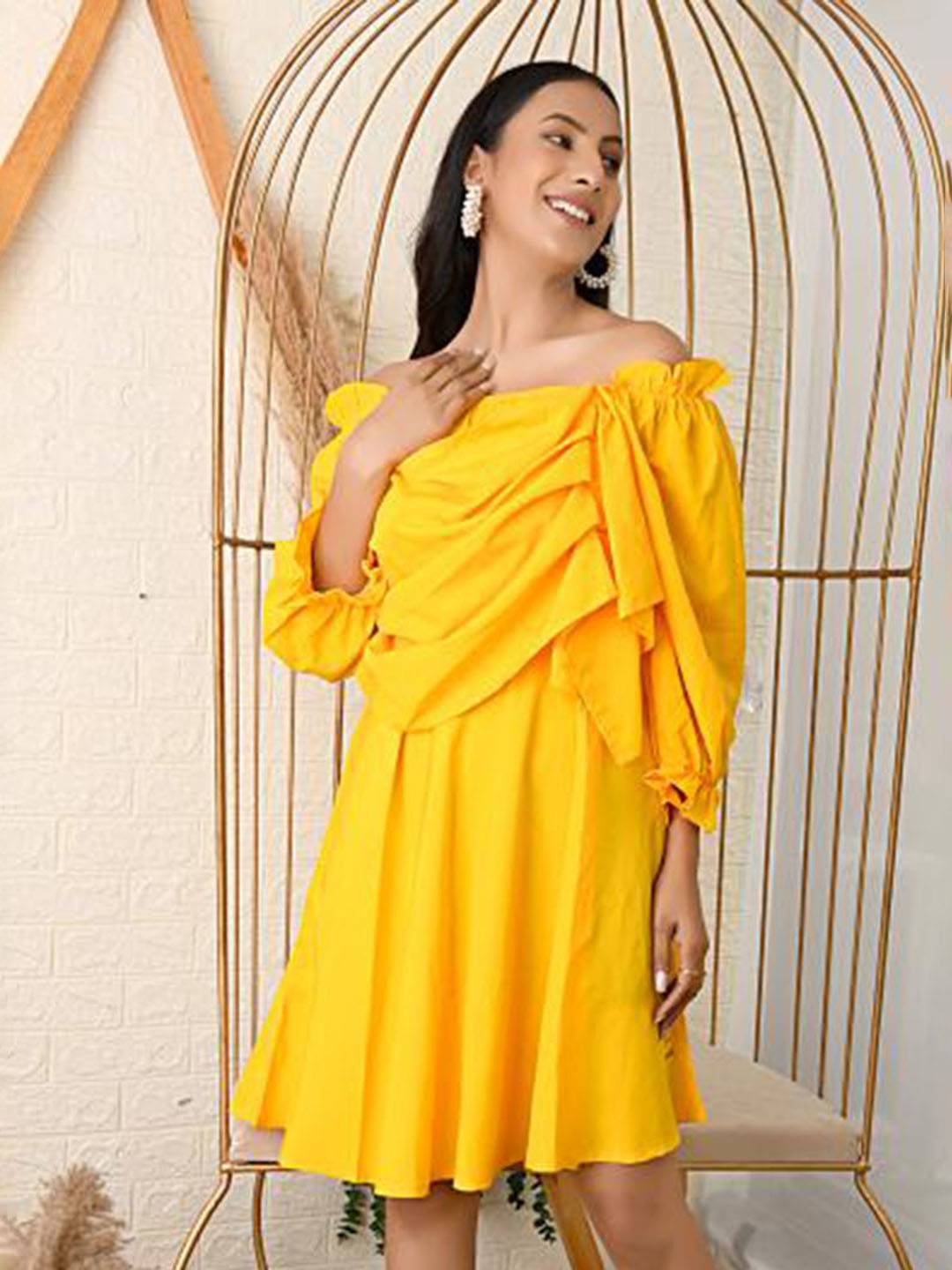 

BAESD Off-Shoulder Three-Quarter Balloon Sleeves Fit & Flare Dress, Yellow