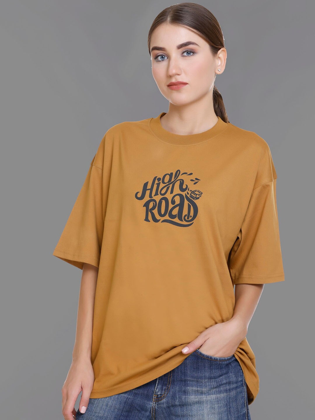 

PLUSH PUSH THE FASHION Typography Printed Drop-Shoulder Sleeves Cotton Oversized T-shirt, Tan