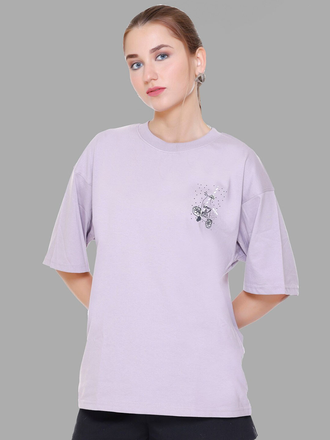 

PLUSH PUSH THE FASHION Graphic Printed Drop-Shoulder Sleeves Cotton Oversized T-shirt, Lavender