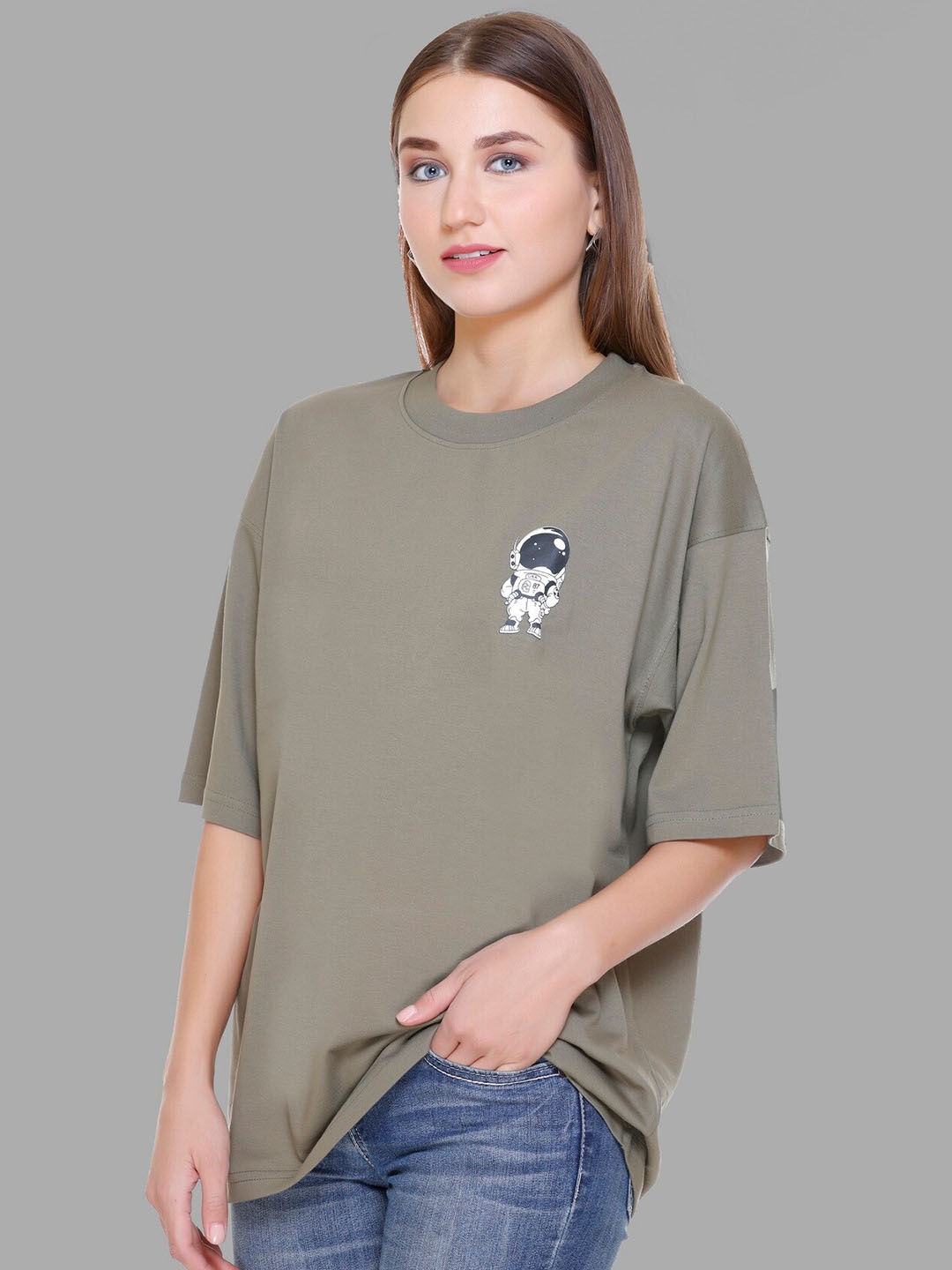 

PLUSH PUSH THE FASHION Graphic Printed Drop-Shoulder Sleeves Cotton Oversized T-shirt, Olive