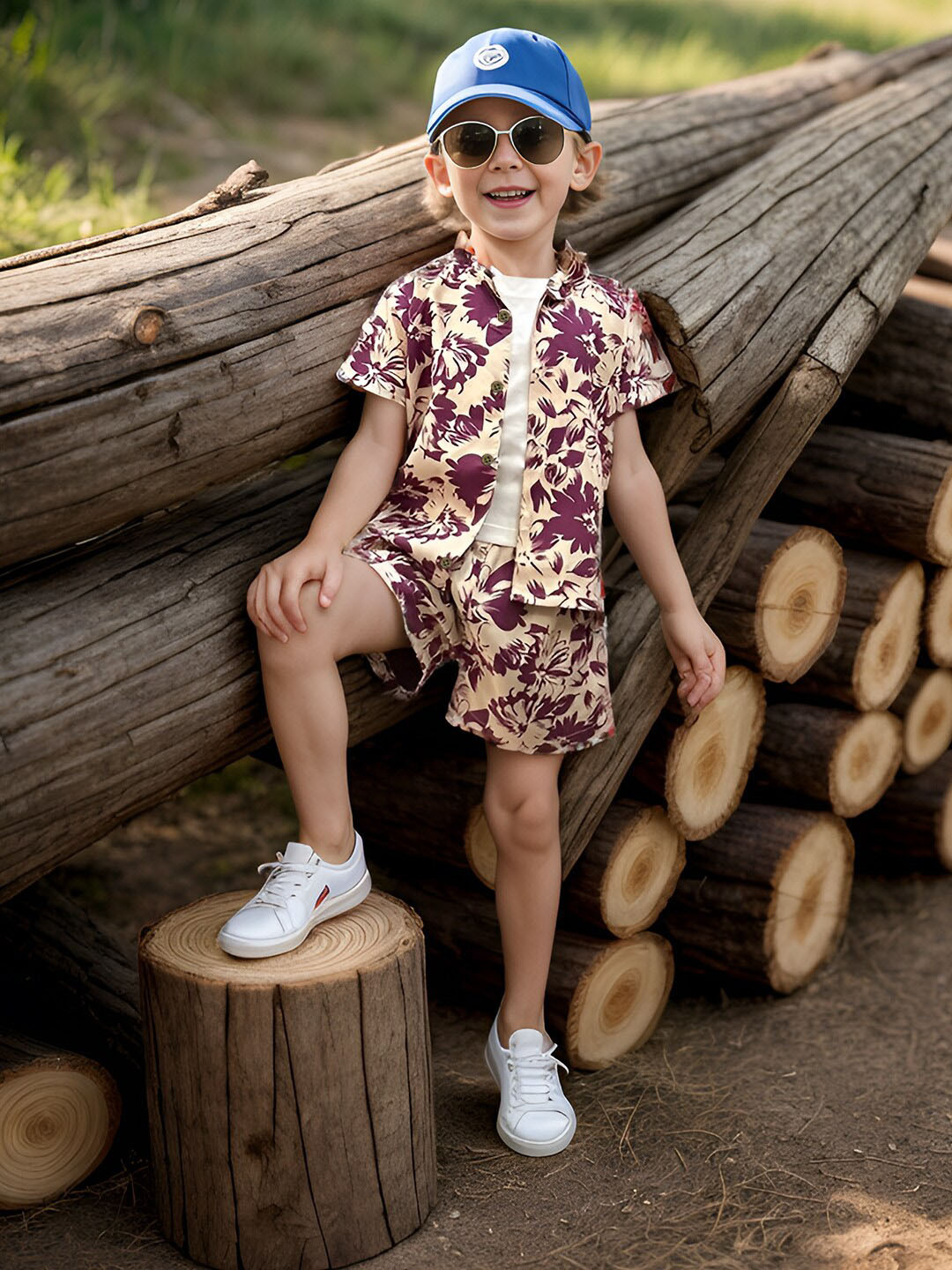 

A.T.U.N. Boys Floral Printed Shirt With Shorts, Burgundy