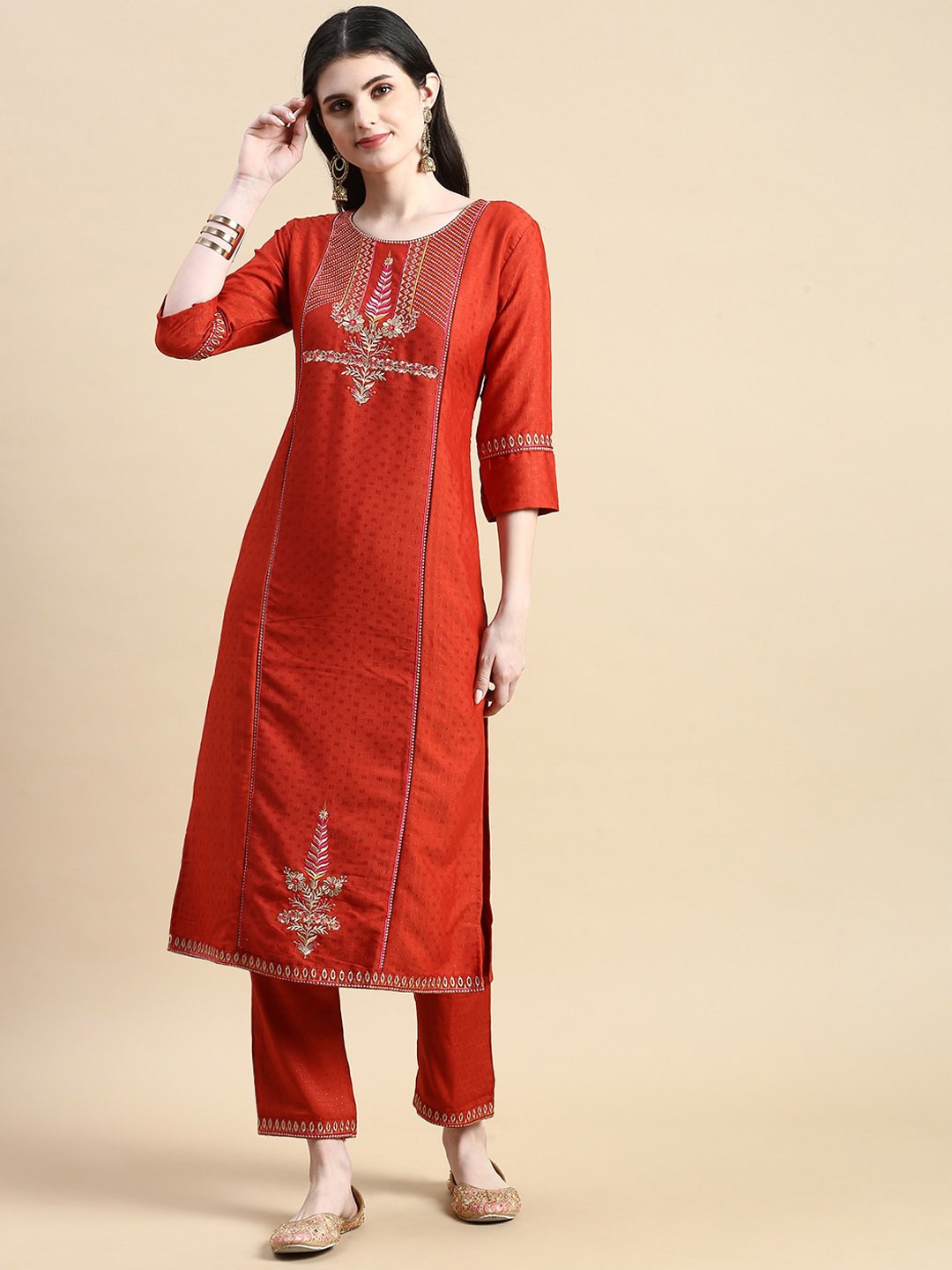 

GRANTH FASHION Floral Embroidered Thread Work Pure Cotton Straight Kurta With Trouser, Maroon