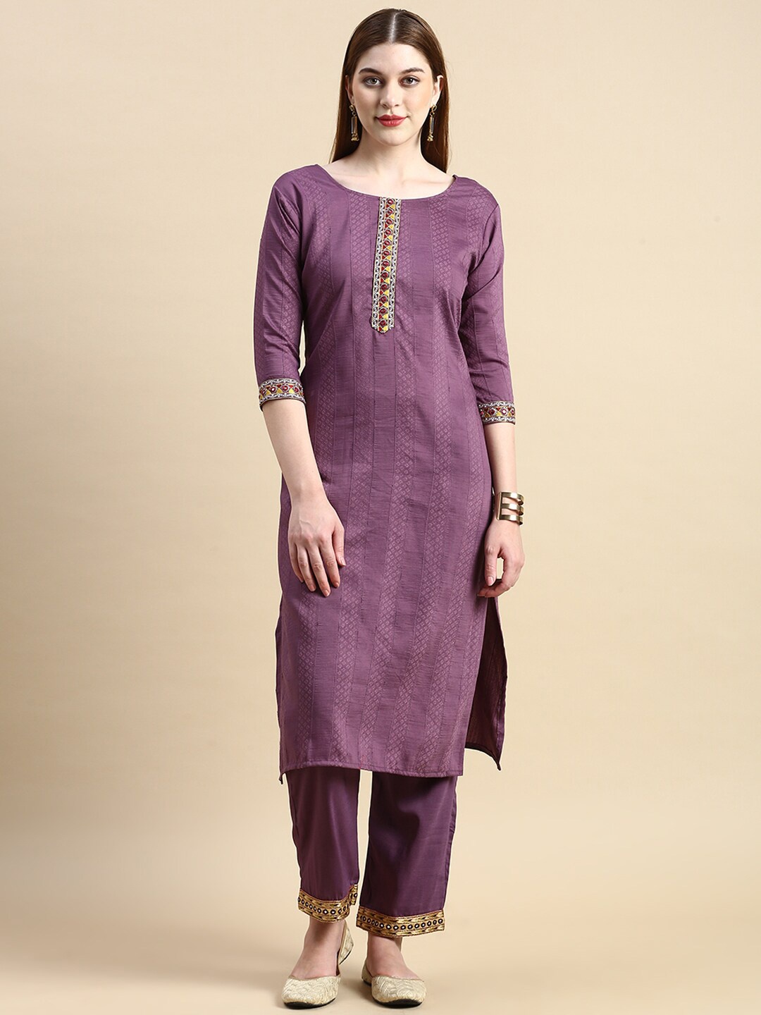 

GRANTH FASHION Geometric Printed Mirror Work Pure Cotton Straight Kurta With Trouser, Purple