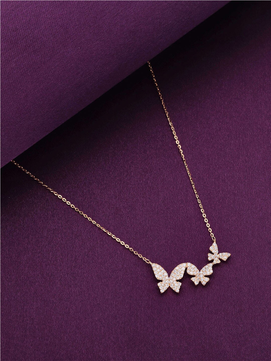 

KAI JEWEL Sterling Silver Rose Gold-Plated Cubic Zirconia Studded Butterfly Chain