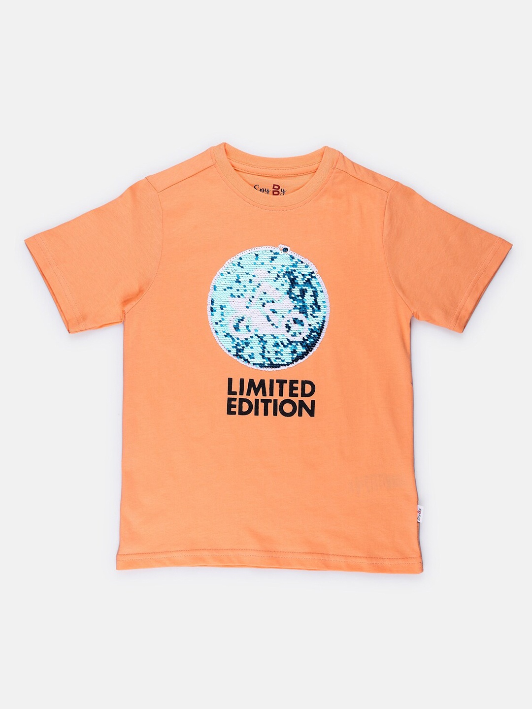 

SPYBY Boys Typography Printed Short Sleeves Round Neck Cotton Applique T-shirt, Orange