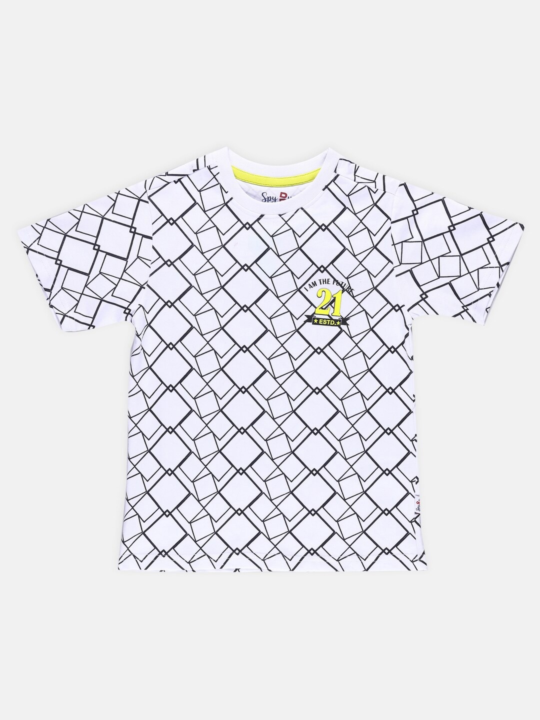 

SPYBY Boys Checked Short Sleeves Round Neck Cotton Applique T-shirt, White